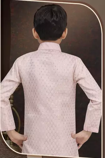 Pink kasak zari jackard sherwani with silk dupion pajama for kids