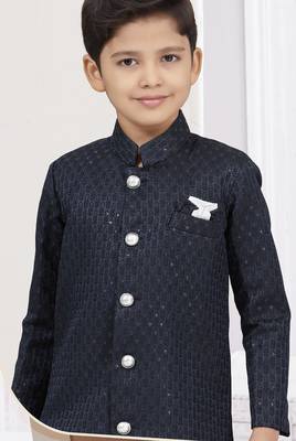 Blue kasak zari jackard sherwani with silk dupion pajama for kids 1