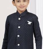 Blue kasak zari jackard sherwani with silk dupion pajama for kids