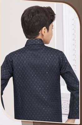 Blue kasak zari jackard sherwani with silk dupion pajama for kids 2