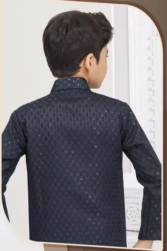 Blue kasak zari jackard sherwani with silk dupion pajama for kids