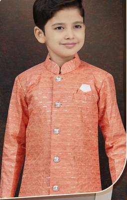 Orange champion silk sherwani with silk dupion pajama for kids 2