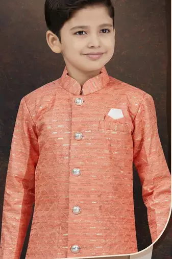Orange champion silk sherwani with silk dupion pajama for kids