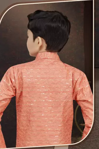 Orange champion silk sherwani with silk dupion pajama for kids
