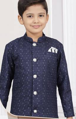 Blue champion silk sherwani with silk dupion pajama for kids 2