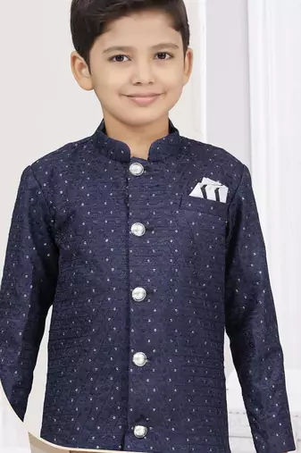 Blue champion silk sherwani with silk dupion pajama for kids