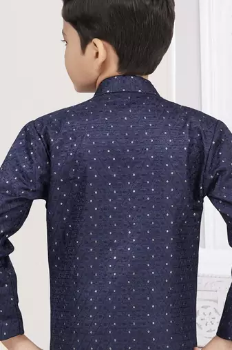Blue champion silk sherwani with silk dupion pajama for kids