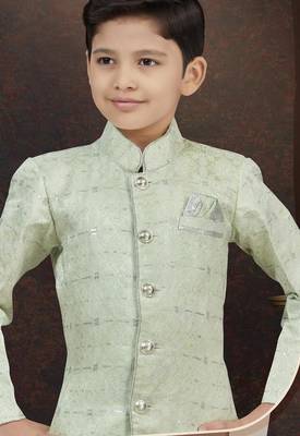 Green kasak zari jackard sherwani with silk dupion pajama for kids 2