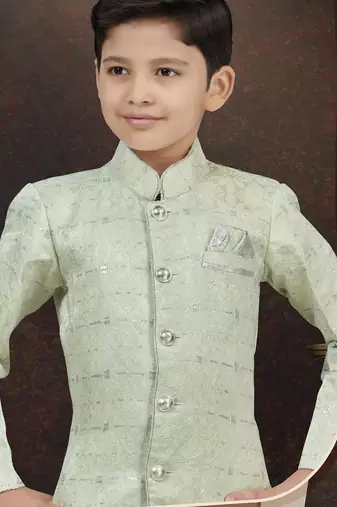 Green kasak zari jackard sherwani with silk dupion pajama for kids