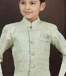 Green kasak zari jackard sherwani with silk dupion pajama for kids