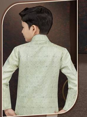 Green kasak zari jackard sherwani with silk dupion pajama for kids 3