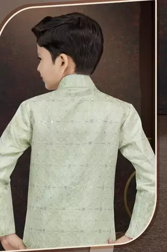 Green kasak zari jackard sherwani with silk dupion pajama for kids