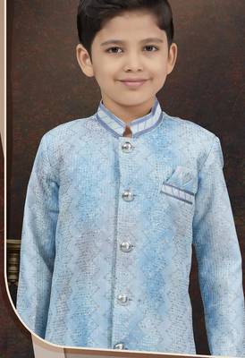 Blue pure silk sherwani with silk dupion pajama for kids 2