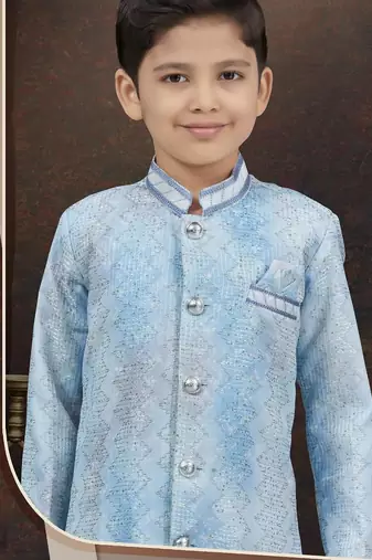 Blue pure silk sherwani with silk dupion pajama for kids