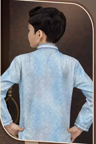 Blue pure silk sherwani with silk dupion pajama for kids