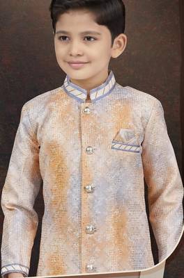 Orange pure silk sherwani with silk dupion pajama for kids 2