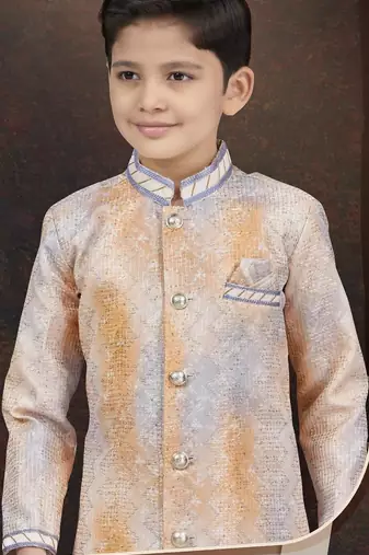 Orange pure silk sherwani with silk dupion pajama for kids