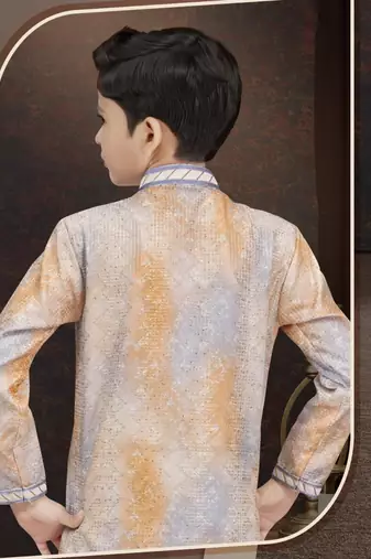 Orange pure silk sherwani with silk dupion pajama for kids