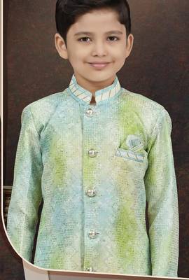 Green pure silk sherwani with silk dupion pajama for kids 2
