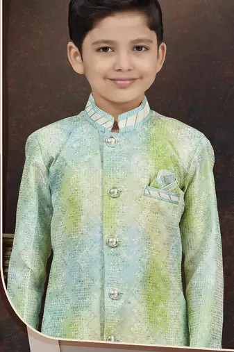 Green pure silk sherwani with silk dupion pajama for kids