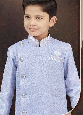 Blue jackard sherwani with silk dupion pajama for kids 2