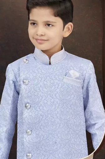 Blue jackard sherwani with silk dupion pajama for kids