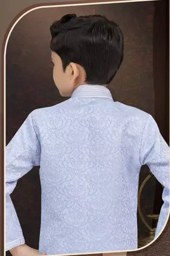 Blue jackard sherwani with silk dupion pajama for kids