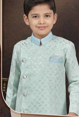 Green kasak zari jackard sherwani with silk dupion pajama for kids 2