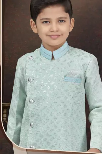 Green kasak zari jackard sherwani with silk dupion pajama for kids