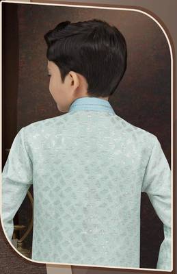 Green kasak zari jackard sherwani with silk dupion pajama for kids 3