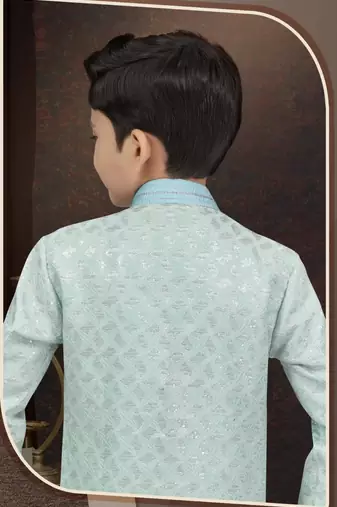Green kasak zari jackard sherwani with silk dupion pajama for kids