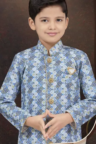 Blue jackard sherwani with silk dupion pajama for kids