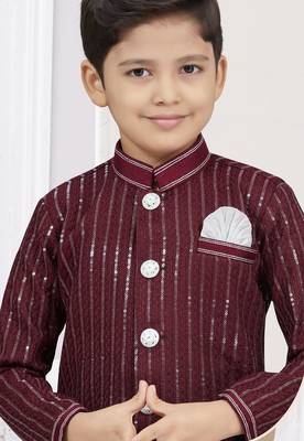 Marron imported silk sherwani with silk dupion dhoti for kids 2