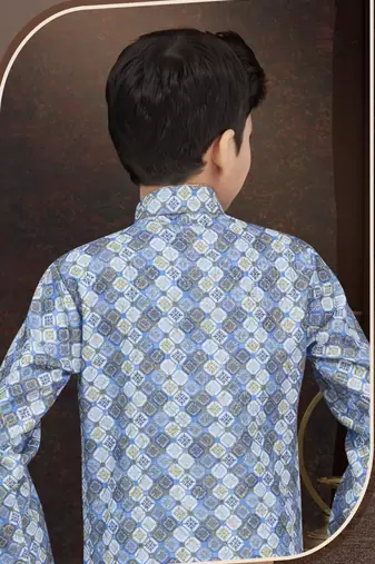 Blue jackard sherwani with silk dupion pajama for kids