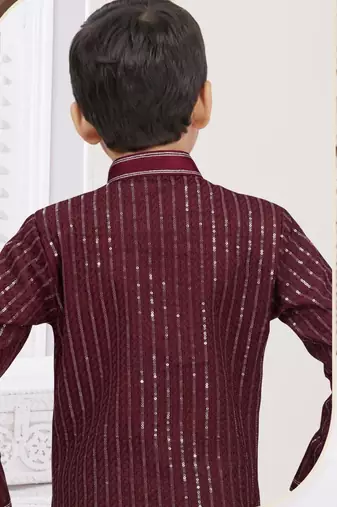 Marron imported silk sherwani with silk dupion dhoti for kids