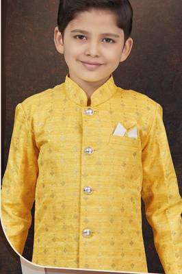 Yellow champion silk sherwani with silk dupion pajama for kids 2