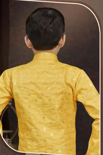 Yellow champion silk sherwani with silk dupion pajama for kids