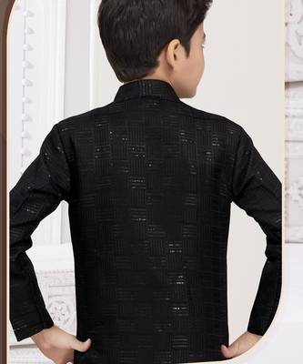 Black kasak zari jackard sherwani with silk dupion pajama for kids 3