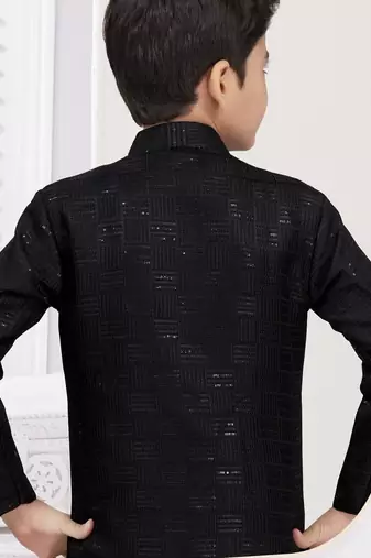 Black kasak zari jackard sherwani with silk dupion pajama for kids