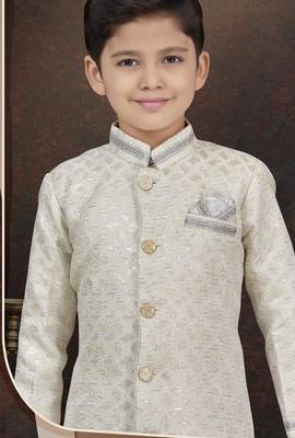White kasak zari jackard sherwani with silk dupion pajama for kids 2