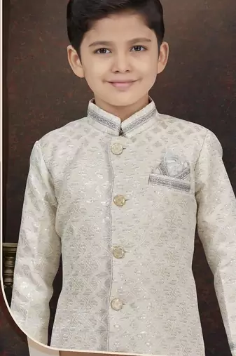 White kasak zari jackard sherwani with silk dupion pajama for kids