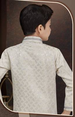 White kasak zari jackard sherwani with silk dupion pajama for kids 3