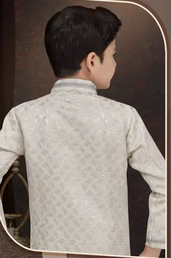 White kasak zari jackard sherwani with silk dupion pajama for kids