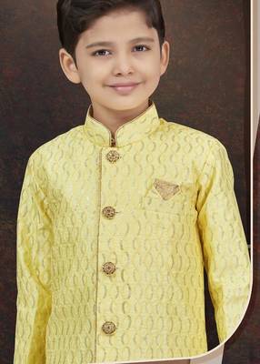 Yellow art silk sherwani with silk dupion pajama for kids 2