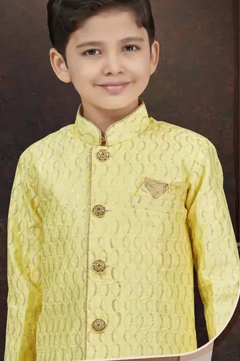 Yellow art silk sherwani with silk dupion pajama for kids