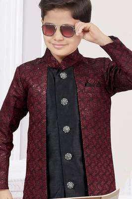 Marron kasak zari jackard & banarasi silk indo western with silk dupion pajama for kids 2