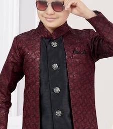 Marron kasak zari jackard & banarasi silk indo western with silk dupion pajama for kids