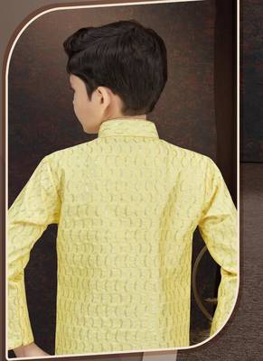 Yellow art silk sherwani with silk dupion pajama for kids 3