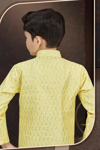 Yellow art silk sherwani with silk dupion pajama for kids