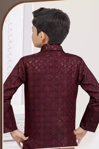 Marron kasak zari jackard & banarasi silk indo western with silk dupion pajama for kids